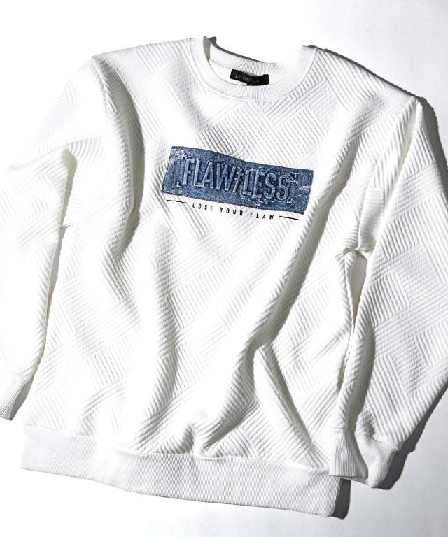 トレーナー・メンズ・プルオーバー・トップス・スウェット・ジャガード・エンボス加工・メンズトレーナー・デニム・ロゴ・クルーネック・黒・白・カジュアル 4