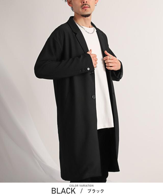 チェスターコート・メンズ・ロング丈・コート・ルーズシルエット・梨地・無地・メンズコート・ロングコート・薄手・春アウター・ブラック・ネイビー・ベージュ 10
