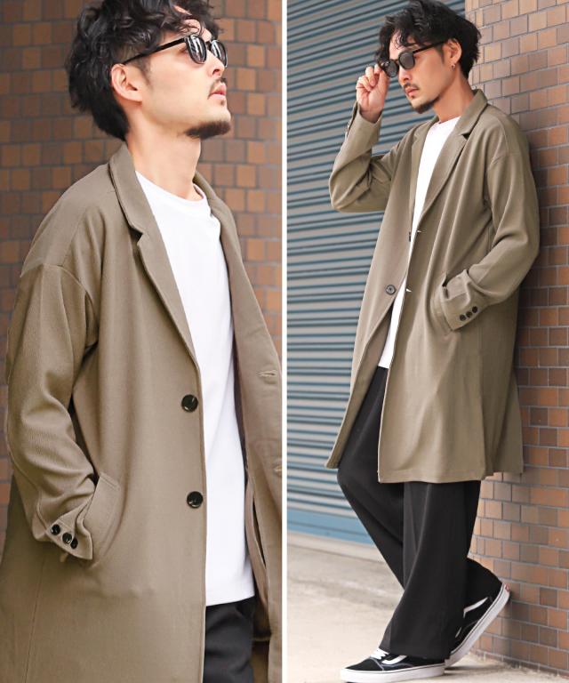 チェスターコート・メンズ・ロング丈・コート・ルーズシルエット・梨地・無地・メンズコート・ロングコート・薄手・春アウター・ブラック・ネイビー・ベージュ 3