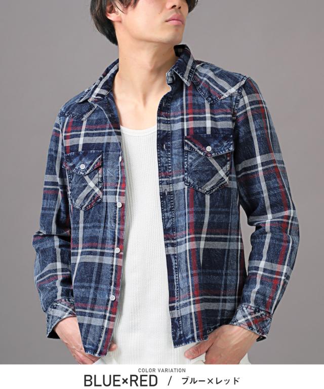 長袖シャツ・メンズ・チェック柄・長袖・インディゴ・総柄・メンズシャツ・チェックシャツ・ウエスタンシャツ・デニムシャツ・胸ポケット・アメカジ6