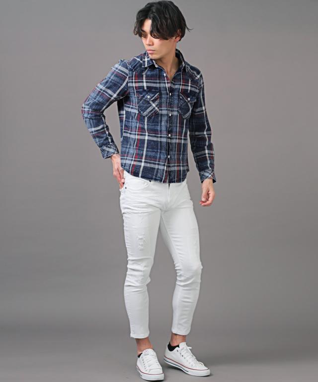 長袖シャツ・メンズ・チェック柄・長袖・インディゴ・総柄・メンズシャツ・チェックシャツ・ウエスタンシャツ・デニムシャツ・胸ポケット・アメカジ7