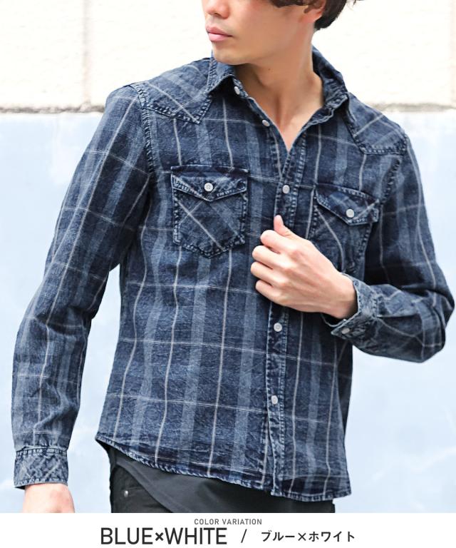 長袖シャツ・メンズ・チェック柄・長袖・インディゴ・総柄・メンズシャツ・チェックシャツ・ウエスタンシャツ・デニムシャツ・胸ポケット・アメカジ4