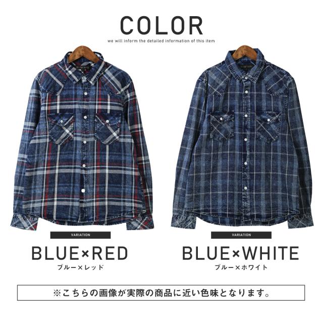 長袖シャツ・メンズ・チェック柄・長袖・インディゴ・総柄・メンズシャツ・チェックシャツ・ウエスタンシャツ・デニムシャツ・胸ポケット・アメカジ13