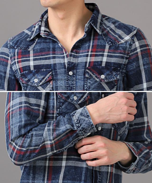 長袖シャツ・メンズ・チェック柄・長袖・インディゴ・総柄・メンズシャツ・チェックシャツ・ウエスタンシャツ・デニムシャツ・胸ポケット・アメカジ8