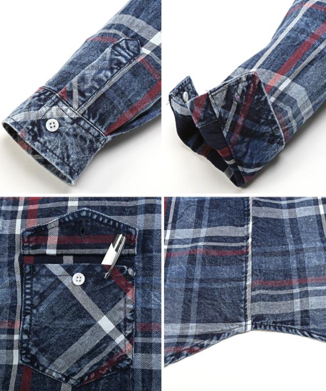 長袖シャツ・メンズ・チェック柄・長袖・インディゴ・総柄・メンズシャツ・チェックシャツ・ウエスタンシャツ・デニムシャツ・胸ポケット・アメカジ11