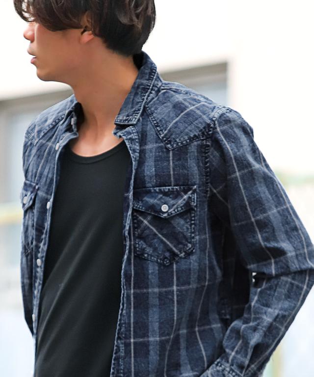 長袖シャツ・メンズ・チェック柄・長袖・インディゴ・総柄・メンズシャツ・チェックシャツ・ウエスタンシャツ・デニムシャツ・胸ポケット・アメカジ3