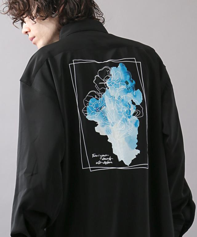 長袖シャツ・メンズ・バックプリント・ロゴ・刺繍・フォトプリント・ビッグシルエット・花柄・シャツ・長袖・カジュアルシャツ・フラワー・とろみ・ロング丈 3