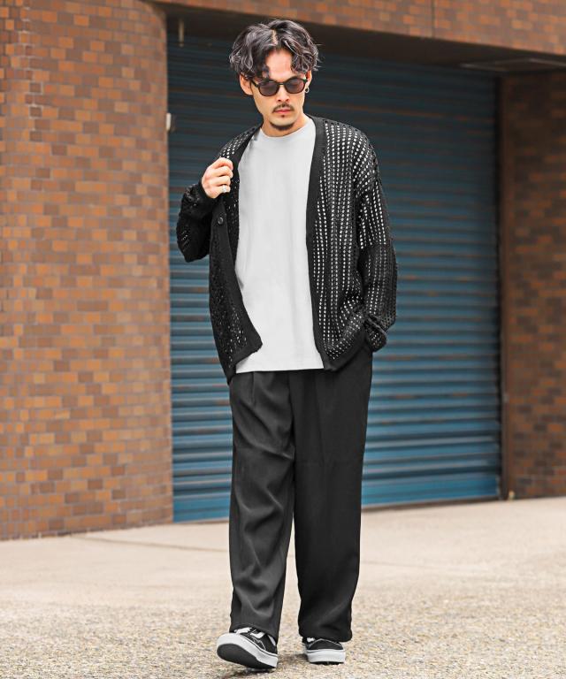 カーディガン メンズ メッシュ オーバーサイズ 無地 ブラック ニット カーデ 羽織り 透け感 7G ミドルゲージ シンプル キレイめ ユニセックス 4