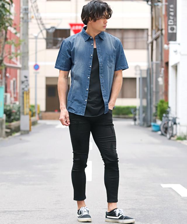 半袖シャツ メンズ デニムシャツ 無地 コットン 胸ポケット カットソー 半袖 デニム レギュラーカラー 綿 ブルー ネイビー ブリーチ アメカジ 5