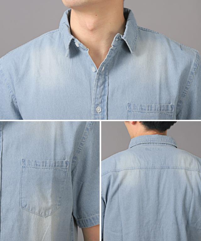 半袖シャツ メンズ デニムシャツ 無地 コットン 胸ポケット カットソー 半袖 デニム レギュラーカラー 綿 ブルー ネイビー ブリーチ アメカジ 6