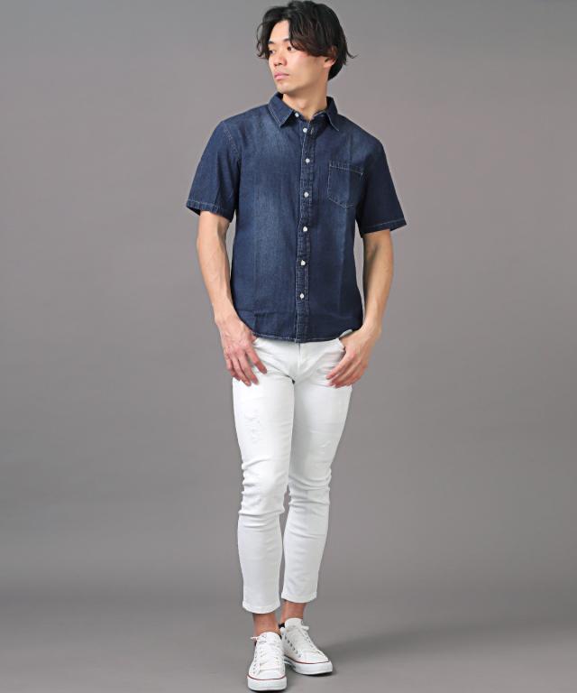 半袖シャツ メンズ デニムシャツ 無地 コットン 胸ポケット カットソー 半袖 デニム レギュラーカラー 綿 ブルー ネイビー ブリーチ アメカジ 8