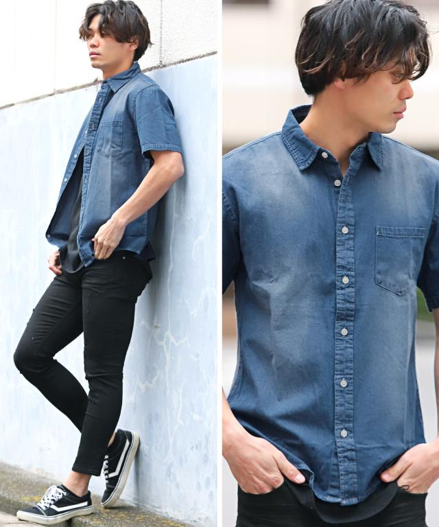 半袖シャツ メンズ デニムシャツ 無地 コットン 胸ポケット カットソー 半袖 デニム レギュラーカラー 綿 ブルー ネイビー ブリーチ アメカジ 3