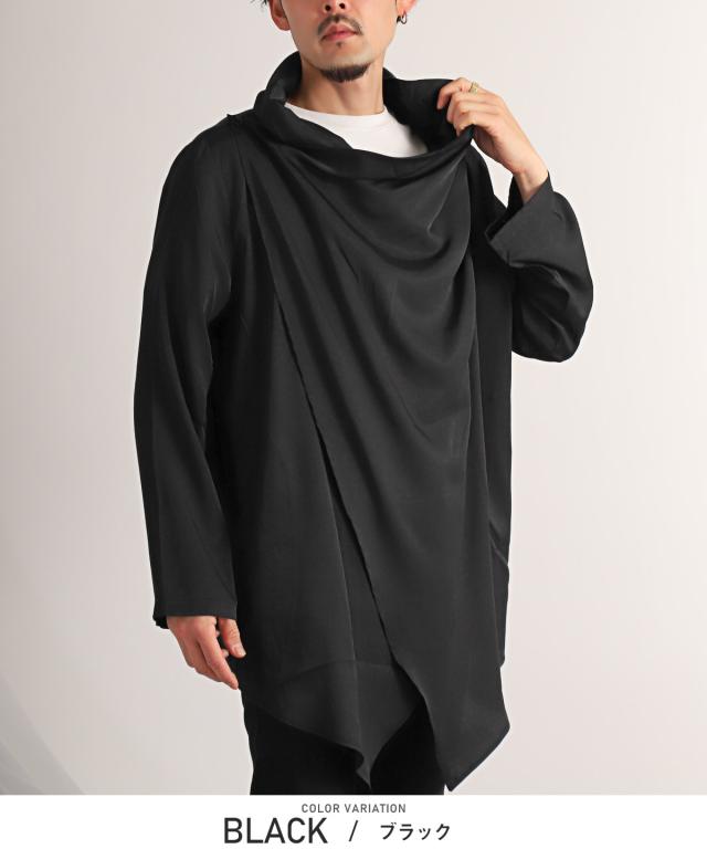 ロンT・メンズ・長袖・ロングスリーブ・無地・ドレープ・ポンチョ・長袖Tシャツ・カットソー・トップス・レーヨン・ビッグシルエット・ルーズ・ブラック 4