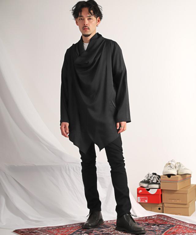 ロンT・メンズ・長袖・ロングスリーブ・無地・ドレープ・ポンチョ・長袖Tシャツ・カットソー・トップス・レーヨン・ビッグシルエット・ルーズ・ブラック 5