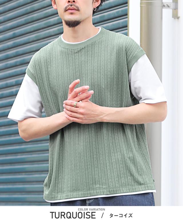 ベストフェイクレイヤード半袖Tシャツ・メンズTシャツ・カットソー・トップス・ビッグシルエット・ゆったり・シンプル・カジュアル・大人 4
