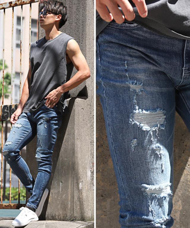 送料無料・ダメージ加工スキニーデニムパンツ・スキニーデニム・ダメージジーンズ・ダメージパンツ・メンズデニム・ジーパン・ヴィンテージ風・カジュアル 3