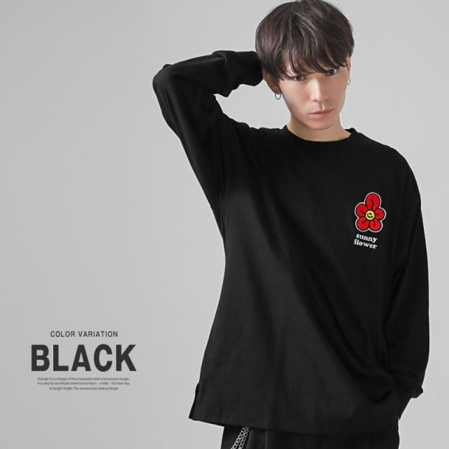 ワンポイントフラワーサガラ刺繍ロンT・ユニセックス・男女兼用・白・黒・ニコちゃん・シンプル・カジュアル・ストリート・ペア・おしゃれ 6