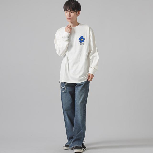 ワンポイントフラワーサガラ刺繍ロンT・ユニセックス・男女兼用・白・黒・ニコちゃん・シンプル・カジュアル・ストリート・ペア・おしゃれ 5