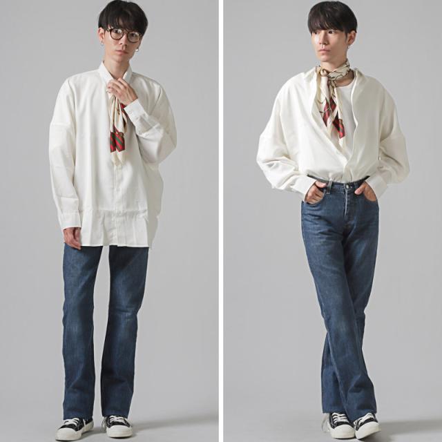 送料無料・スカーフ付き無地ポリレーヨンビッグ長袖シャツ・メンズシャツ・ビッグシャツ・メンズスカーフ・ユニセックス・男女兼用 6