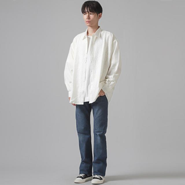 送料無料・レース貼り付けビッグシルエット長袖シャツ・ユニセックス・男女兼用・オーバーサイズ・白・黒・上品・韓国・モード・フェミニン 5