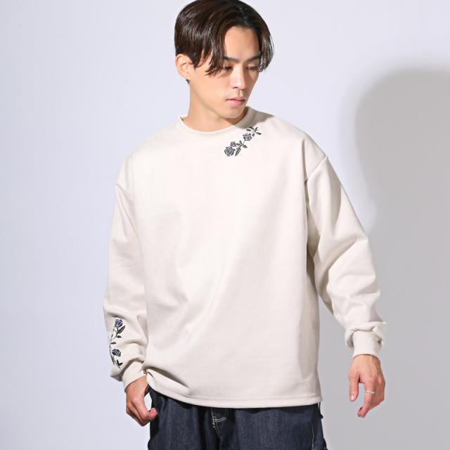 ローズ刺繍ポリスエードロンT・ホワイト・白・ブラック・黒・チャコール・クルーネック・トップス・ユニセックス・大人・きれいめ・シンプル 7