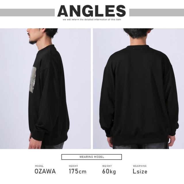 トレーナー・スウェット・プルオーバー・メンズ・オーバーサイズ・ゆったり・裏毛・クルーネック・ラメ・シルバー・箔プリント・ロゴ・シンプル・韓国・ストリート・ルーズ 11