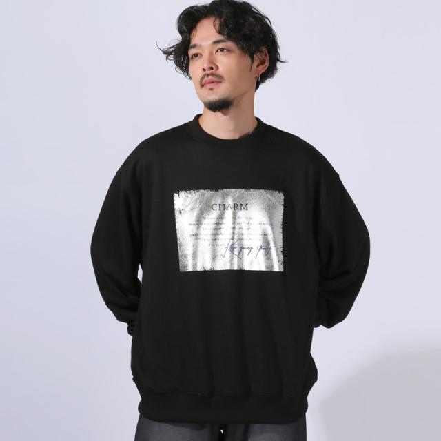 トレーナー・スウェット・プルオーバー・メンズ・オーバーサイズ・ゆったり・裏毛・クルーネック・ラメ・シルバー・箔プリント・ロゴ・シンプル・韓国・ストリート・ルーズ 9