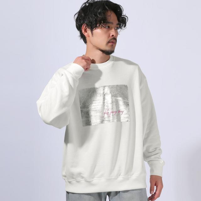 トレーナー・スウェット・プルオーバー・メンズ・オーバーサイズ・ゆったり・裏毛・クルーネック・ラメ・シルバー・箔プリント・ロゴ・シンプル・韓国・ストリート・ルーズ 5