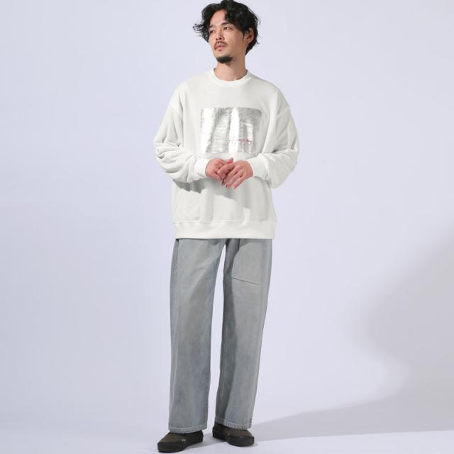 トレーナー・スウェット・プルオーバー・メンズ・オーバーサイズ・ゆったり・裏毛・クルーネック・ラメ・シルバー・箔プリント・ロゴ・シンプル・韓国・ストリート・ルーズ 6