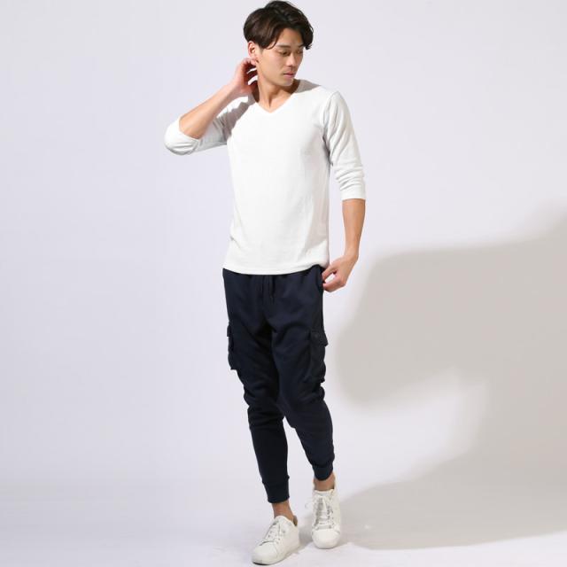 ロンT・七分袖・7分袖・メンズ・Vネック・Tシャツ・トップス・カットソー・インナー・無地・ストレッチ・伸縮・大きいサイズ・白・黒・シンプル・カジュアル・定番・ホワイト・ブラック・杢グレー・ネイビー・チャコール・春・春服・秋・秋服・20代・30代・40代・50代 7