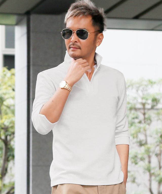 送料無料・ポロシャツ・7分袖・メンズ・七分・イタリアンカラー・立ち襟・スタンドカラー・ワイヤーカラー・スキッパー・ワッフル・ハニカム・伸縮性・ストレッチ・通気性・ドライ・ゴルフ・大人・白・黒・紺・ホワイト・ブラック・ネイビー・春服・夏服・M・L・XL 6