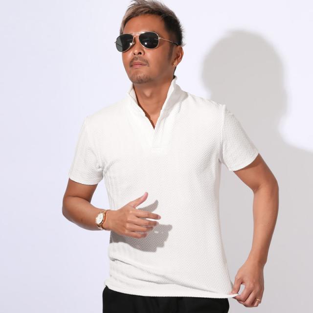 送料無料・ポロシャツ・カットソー・半袖・メンズ・イタリアンカラー・スタンドカラー・ワイヤーカラー・立ち襟・ヘリンボーン・ジャガード・ストレッチ・細身・上品・カジュアル・ゴルフ・大人・白・黒・紺・ホワイト・ブラック・ネイビー・春・夏・M・L・XL・父の日 6