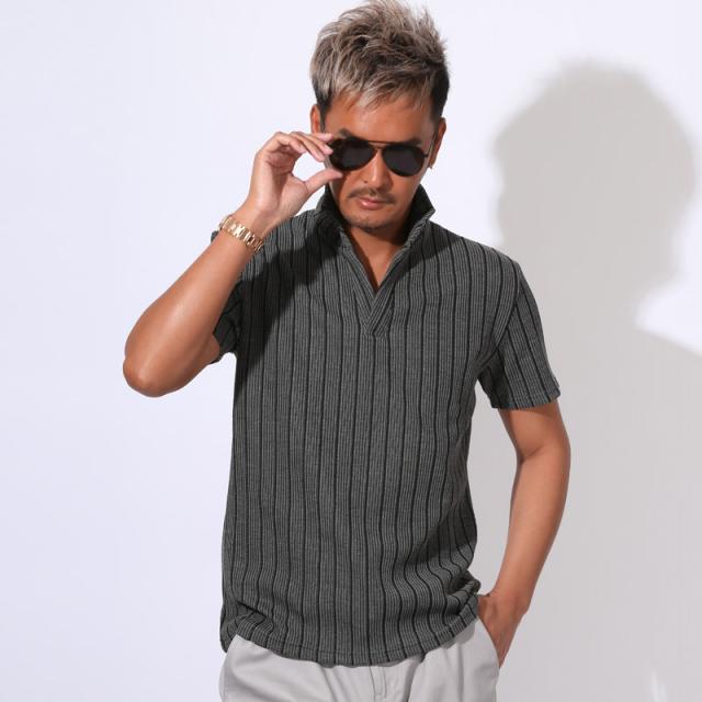 ポロシャツ・カットソー・半袖・メンズ・イタリアンカラー・スタンドカラー・ワイヤーカラー・立ち襟・ストライプ・オルタネート・ストレッチ・細身・カジュアル・ゴルフ・大人・春服・夏服・30代・40代・50代・60代・シンプル・ミドル 8