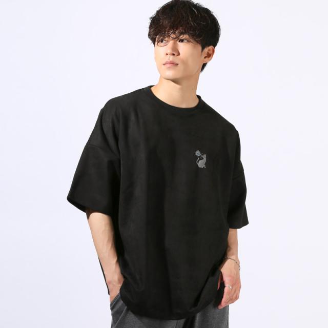 Tシャツ・半袖・半袖Tシャツ・メンズ・スエード・フェイクスエード・刺繍・バックプリント・ワンポイント・Girls・Cat・女の子・ガール・ネコ・猫・大きいサイズ・オーバーサイズ・白・黒・オフホワイト・ブラック・グレー・春服・夏服・10代・20代・30代・大学生 9