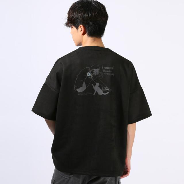 Tシャツ・半袖・半袖Tシャツ・メンズ・スエード・フェイクスエード・刺繍・バックプリント・ワンポイント・Girls・Cat・女の子・ガール・ネコ・猫・大きいサイズ・オーバーサイズ・白・黒・オフホワイト・ブラック・グレー・春服・夏服・10代・20代・30代・大学生 10