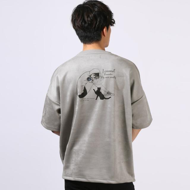 Tシャツ・半袖・半袖Tシャツ・メンズ・スエード・フェイクスエード・刺繍・バックプリント・ワンポイント・Girls・Cat・女の子・ガール・ネコ・猫・大きいサイズ・オーバーサイズ・白・黒・オフホワイト・ブラック・グレー・春服・夏服・10代・20代・30代・大学生 13