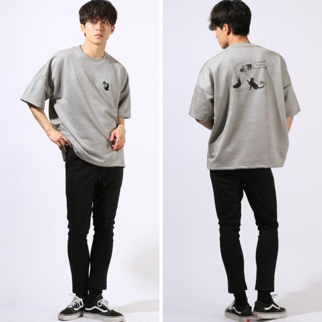 Tシャツ・半袖・半袖Tシャツ・メンズ・スエード・フェイクスエード・刺繍・バックプリント・ワンポイント・Girls・Cat・女の子・ガール・ネコ・猫・大きいサイズ・オーバーサイズ・白・黒・オフホワイト・ブラック・グレー・春服・夏服・10代・20代・30代・大学生 14