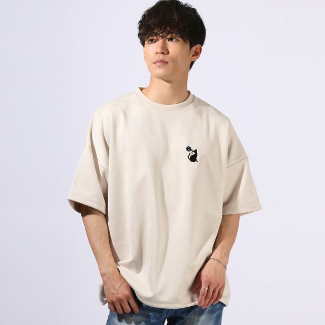 Tシャツ・半袖・半袖Tシャツ・メンズ・スエード・フェイクスエード・刺繍・バックプリント・ワンポイント・Girls・Cat・女の子・ガール・ネコ・猫・大きいサイズ・オーバーサイズ・白・黒・オフホワイト・ブラック・グレー・春服・夏服・10代・20代・30代・大学生 6