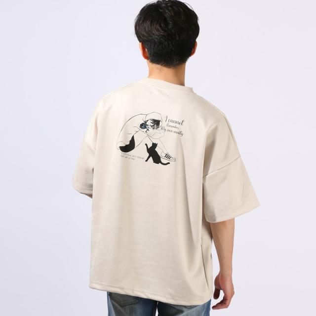 Tシャツ・半袖・半袖Tシャツ・メンズ・スエード・フェイクスエード・刺繍・バックプリント・ワンポイント・Girls・Cat・女の子・ガール・ネコ・猫・大きいサイズ・オーバーサイズ・白・黒・オフホワイト・ブラック・グレー・春服・夏服・10代・20代・30代・大学生 7