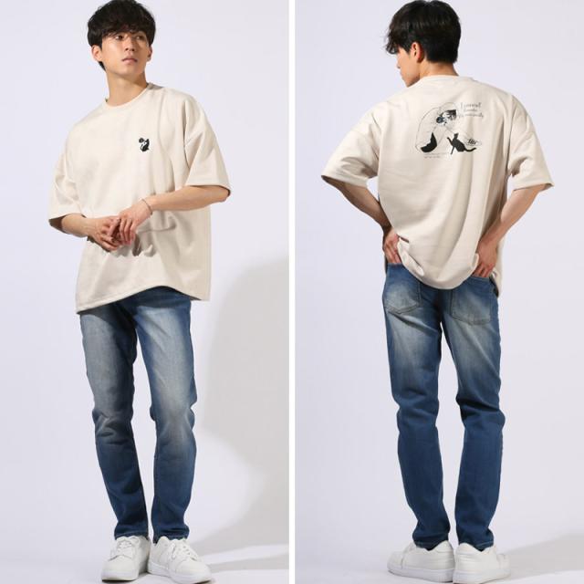 Tシャツ・半袖・半袖Tシャツ・メンズ・スエード・フェイクスエード・刺繍・バックプリント・ワンポイント・Girls・Cat・女の子・ガール・ネコ・猫・大きいサイズ・オーバーサイズ・白・黒・オフホワイト・ブラック・グレー・春服・夏服・10代・20代・30代・大学生 8