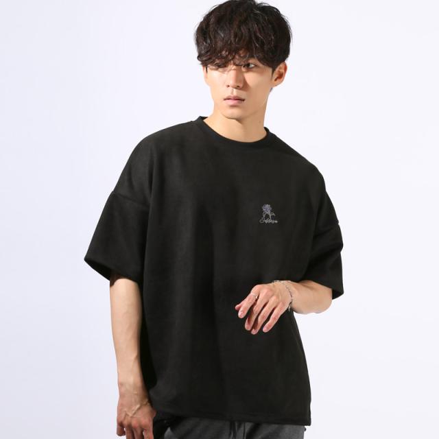 Tシャツ・半袖・トップス・カットソー・メンズ・スエード・フェイクスエード・フラワー・花・薔薇・バラ・ロゴ・刺繍・ドローコード・ワンポイント・大きいサイズ・ビッグシルエット・カジュアル・春服・夏服・10代・20代・30代 9