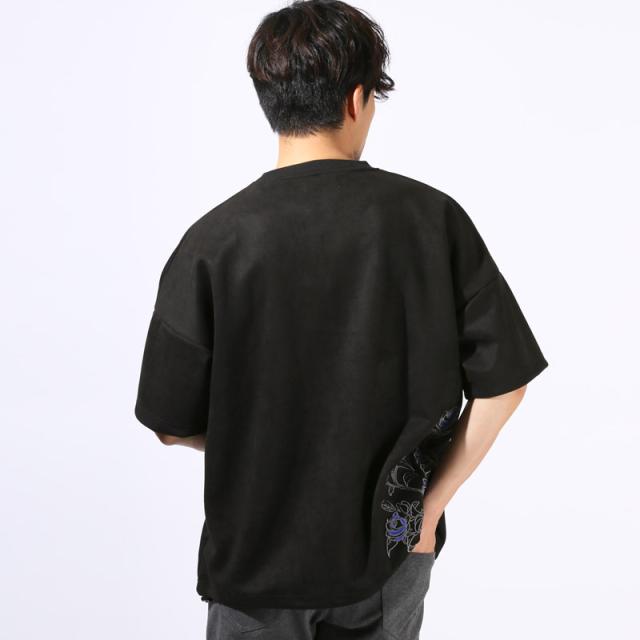 Tシャツ・半袖・トップス・カットソー・メンズ・スエード・フェイクスエード・フラワー・花・薔薇・バラ・ロゴ・刺繍・ドローコード・ワンポイント・大きいサイズ・ビッグシルエット・カジュアル・春服・夏服・10代・20代・30代 10