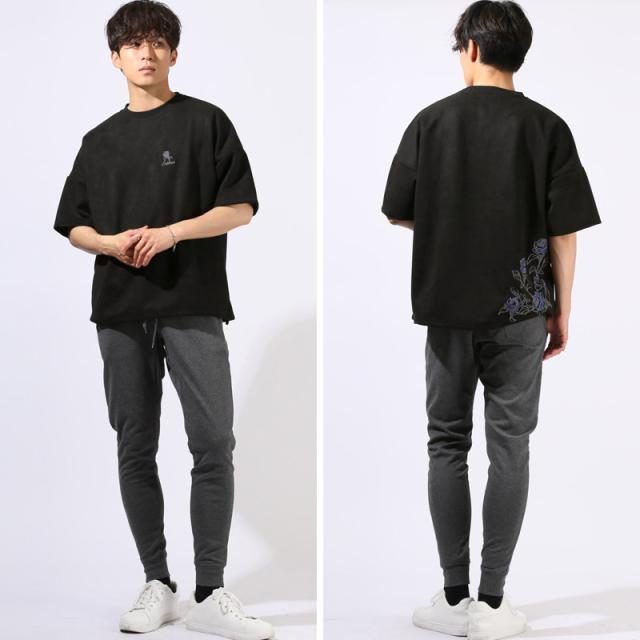 Tシャツ・半袖・トップス・カットソー・メンズ・スエード・フェイクスエード・フラワー・花・薔薇・バラ・ロゴ・刺繍・ドローコード・ワンポイント・大きいサイズ・ビッグシルエット・カジュアル・春服・夏服・10代・20代・30代 11