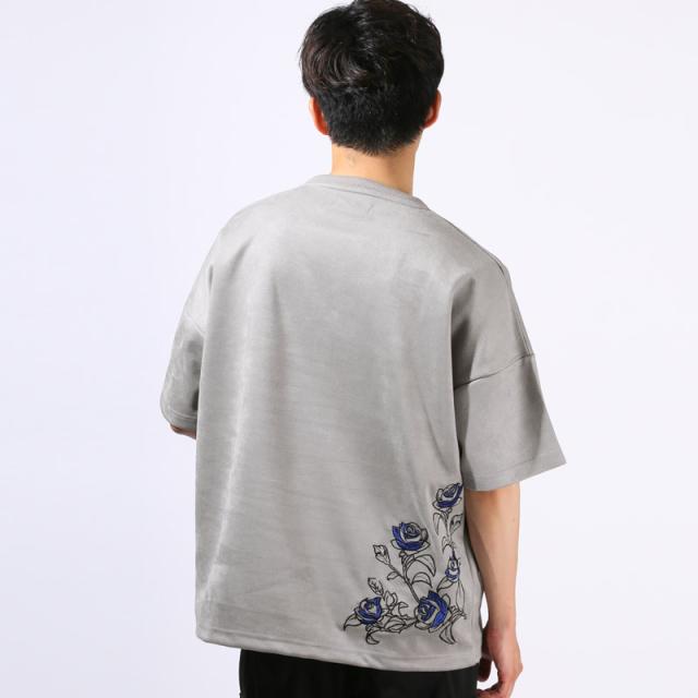 Tシャツ・半袖・トップス・カットソー・メンズ・スエード・フェイクスエード・フラワー・花・薔薇・バラ・ロゴ・刺繍・ドローコード・ワンポイント・大きいサイズ・ビッグシルエット・カジュアル・春服・夏服・10代・20代・30代 13