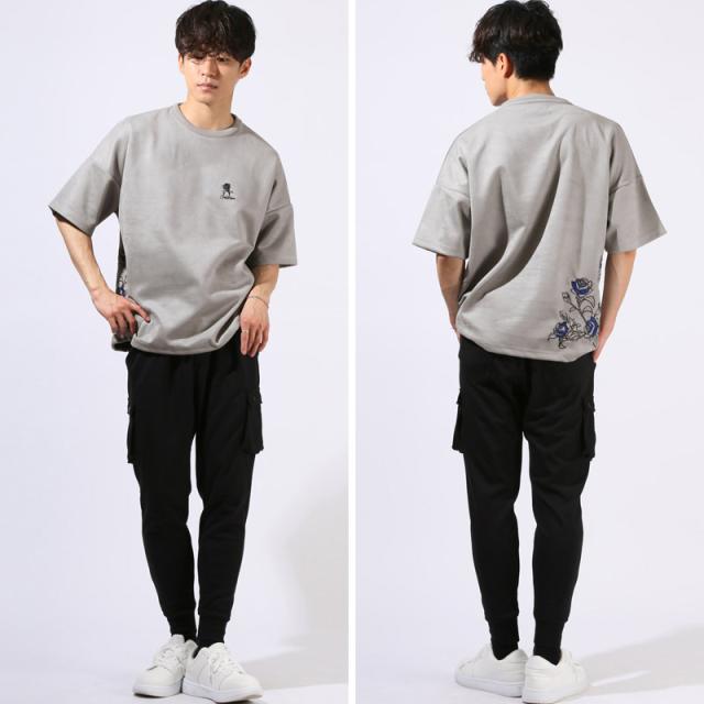 Tシャツ・半袖・トップス・カットソー・メンズ・スエード・フェイクスエード・フラワー・花・薔薇・バラ・ロゴ・刺繍・ドローコード・ワンポイント・大きいサイズ・ビッグシルエット・カジュアル・春服・夏服・10代・20代・30代 14