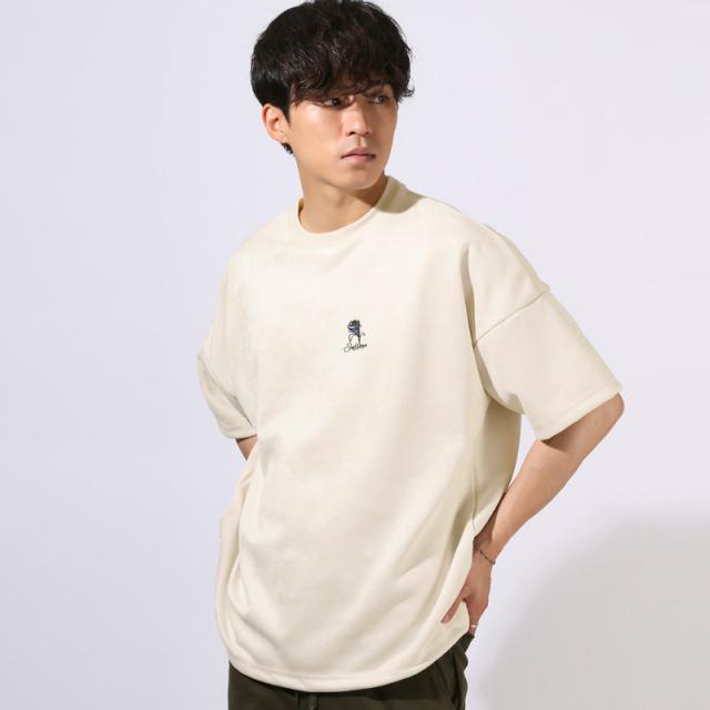 Tシャツ・半袖・トップス・カットソー・メンズ・スエード・フェイクスエード・フラワー・花・薔薇・バラ・ロゴ・刺繍・ドローコード・ワンポイント・大きいサイズ・ビッグシルエット・カジュアル・春服・夏服・10代・20代・30代 6