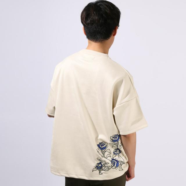 Tシャツ・半袖・トップス・カットソー・メンズ・スエード・フェイクスエード・フラワー・花・薔薇・バラ・ロゴ・刺繍・ドローコード・ワンポイント・大きいサイズ・ビッグシルエット・カジュアル・春服・夏服・10代・20代・30代 7
