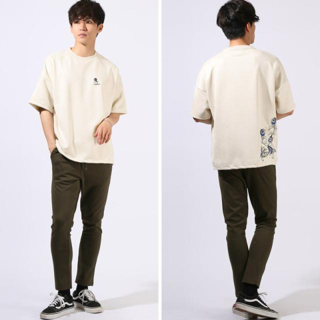 Tシャツ・半袖・トップス・カットソー・メンズ・スエード・フェイクスエード・フラワー・花・薔薇・バラ・ロゴ・刺繍・ドローコード・ワンポイント・大きいサイズ・ビッグシルエット・カジュアル・春服・夏服・10代・20代・30代 8