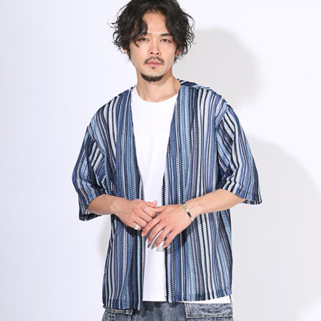 カーディガン・半袖・レース・メンズ・バルファレース・半袖カーディガン・夏用・サマーカーディガン・メッシュ・ストライプ・シースルー・透かし編み・透け感・シアー・シャツ・羽織り・薄手・ボタンレス・民族・エスニック・リゾート・モノトーン・ブルー・黒・青・春服 8