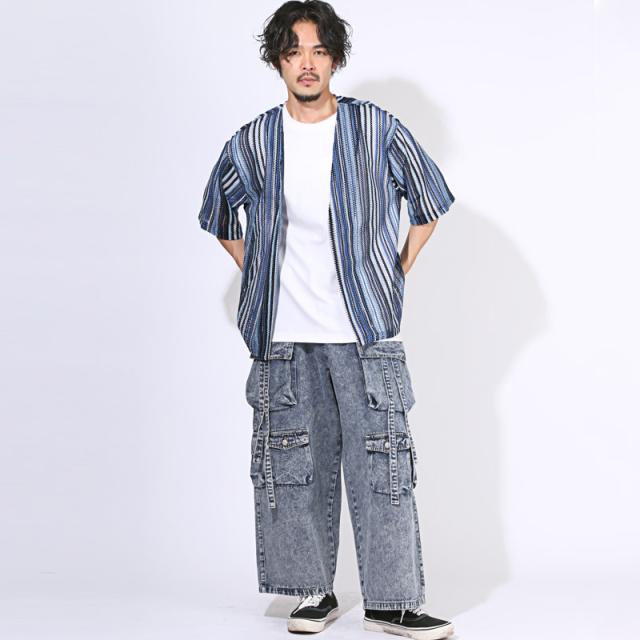 カーディガン・半袖・レース・メンズ・バルファレース・半袖カーディガン・夏用・サマーカーディガン・メッシュ・ストライプ・シースルー・透かし編み・透け感・シアー・シャツ・羽織り・薄手・ボタンレス・民族・エスニック・リゾート・モノトーン・ブルー・黒・青・春服 9